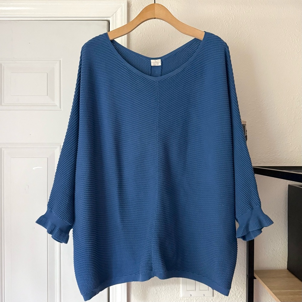 POETRY blue cotton chunky knit boat v-neck scoop boxy oversized dolman sweater